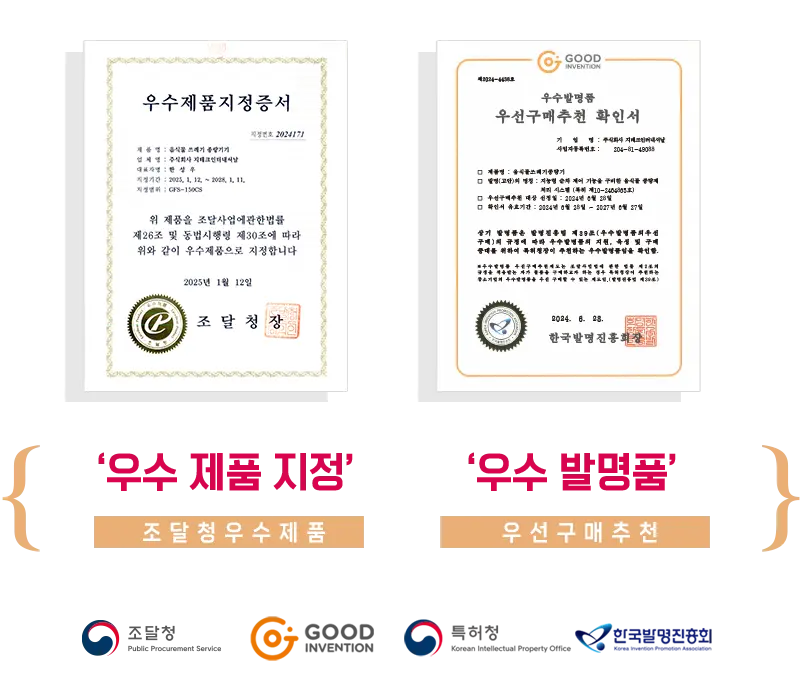 코다(CODA) 음식물 종량기 우수제품지정증서, 우수발명품 우선구매추천 확인서